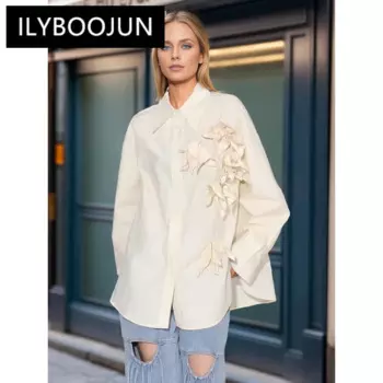 Однотонная женская блузка ILYBOOJUN в стиле пэчворк с отложным воротником и длинным рукавом, однобортная свободная Элегантная блузка, новинка для женщин