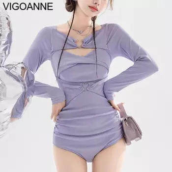 Однотонные женские купальники VigoAnne с длинным рукавом 2024 пикантный сплошной купальник пуш-ап корейское закрытое Монокини пляжный купальный костюм