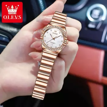 OLEVS 9975 элегантные кварцевые часы из розового золота из нержавеющей стали для женщин, элитный бренд, водонепроницаемые светящиеся женские наручные часы с бриллиантами