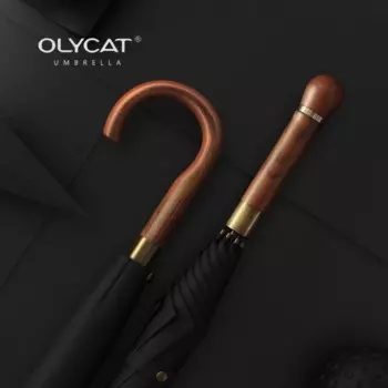 OLYCAT-длинный прямой зонт с изогнутой ручкой, высокое качество, деловая деревянная ручка, мода 8K