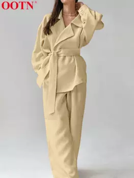 OOTN свободные женские костюмы из двух предметов комплекты хаки Топы с длинным рукавом и отложным воротником офисные хлопковые льняные широкие брюки Лето 2024