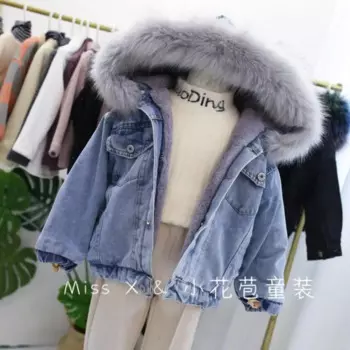 Оптовая продажа 2019, зимние джинсовые утепленные куртки для девочек, бархатные пальто из кроличьего меха, теплая верхняя одежда для малышей, модная детская куртка Y2101