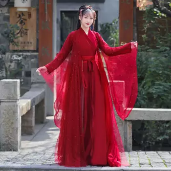 Оригинальный Женский старинный костюм Hanfu, Красный Элегантный Блестящий двухслойный тканевый сказочный костюм в китайском стиле для танцев и выпускного вечера