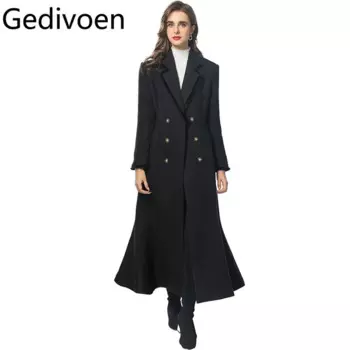 Осенне-зимнее дизайнерское пальто Gedivoen, женское двубортное приталенное черное пальто с отложным воротником и длинными рукавами, женское длинное пальто