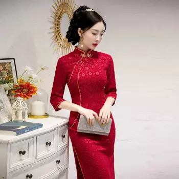 Осенне-зимнее китайское традиционное женское платье Qipao, женское платье с вышивкой и кружевом