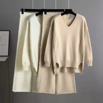 Осенне-зимний женский комплект из 2-х предметов HLBCBG, свитер и брюки оверсайз, женские вязаные свитеры с узором, кашемировые спортивные трикотажные спортивные костюмы