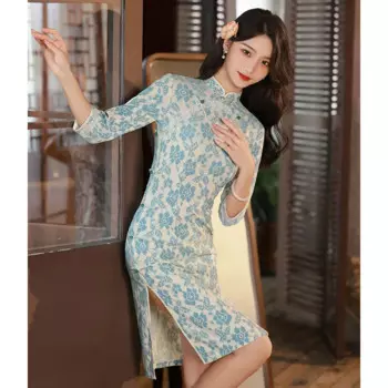 Осеннее платье Qipao в молодежном стиле с высоким воротником, бусинами и рукавами в семи точек, винтажное кружевное платье в китайском стиле, Чонсам с цветочной вышивкой