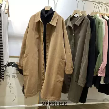 Осенний Женский Тренч размера плюс 6XL 150 кг, однотонные свободные винтажные уличные повседневные ветрозащитные Топы большого размера с отложным воротником