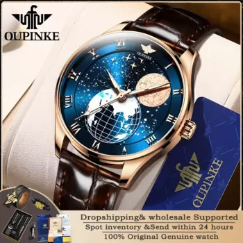 OUPINKE 3177, модные мужские автоматические механические часы, роскошные брендовые водонепроницаемые мужские часы со звездой и луной, 3D Earth Relief Design