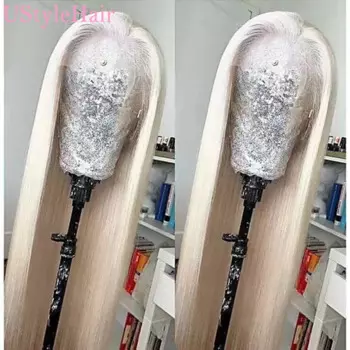 Парик UStyleHair Платиновый светлый на шнуровке спереди для женщин, длинные шелковистые прямые синтетические волосы для ежедневного использования, парик для косплея, натуральная линия волос