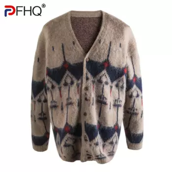 PFHQ FEWQ жаккардовый мужской кардиган с v-образным вырезом и длинными рукавами контрастного цвета 2024, винтажные мужские топы с длинными рукавами, корейские модные повседневные топы
