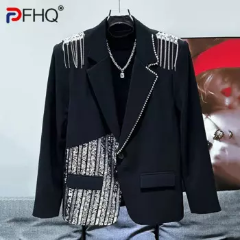 PFHQ Новый осенне-зимний модный тренд, универсальный дизайн с цепочкой и блестками, повседневный костюм, 2024, мужские топы с длинными рукавами 21Z6289