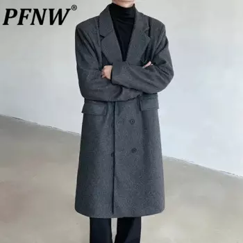 PFNW 2024, новое длинное мужское шерстяное пальто, осеннее однотонное двубортное свободное мужское пальто с воротником в корейском стиле 12C969