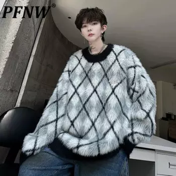 PFNW корейский винтажный мужской флисовый пуловер с круглым воротником и ромбовидным узором, толстый свитер, свободный пуловер, топы 9C7974
