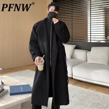 PFNW Новое модное мужское шерстяное пальто, повседневное искусственное двухсекционное пальто с поясом из хлопка, утепленная длинная однотонная мужская осенняя ветровка 12C970