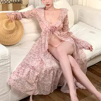 Пикантный комплект бикини VigoAnne из 3 предметов с принтом, женский купальник пуш-ап 2024, пляжный женский купальный костюм с вырезами