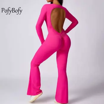 Пикантный облегающий боди PofyBofy с длинными рукавами и открытой спиной, эластичное боди с ягодицами, расклешенные брюки, бесшовные комбинезоны, Комбинезоны для фитнеса и тренировок, йоги