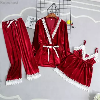 Пижама женская бархатная, с длинным рукавом, 3 шт.