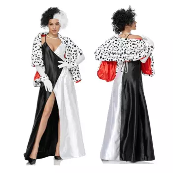 Платье-накидка Cruella 101 для женщин, костюм для Хэллоуина для взрослых, косплей, аниме, парики, накидка