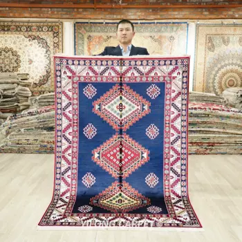 Плетеный вручную шелковый Племенной коврик 122x183 см, синий ковер в стиле Kazak для гостиной (BL109)