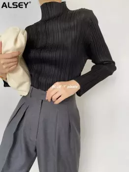 Плиссированные Женские топы ALSEY Miyake с длинным рукавом, модная рубашка, Новая удобная повседневная Уличная футболка с высоким воротником в стиле Харадзюку