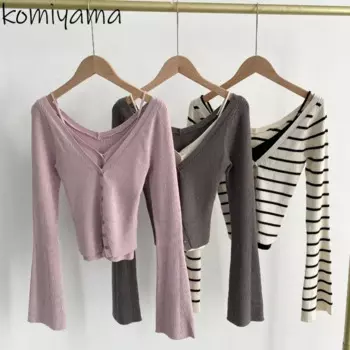 Поддельный женский кардиган из двух предметов Ropa Mujer с v-образным вырезом и длинными рукавами, 2024, японская контрастная верхняя одежда, осенний свитер, новые кардиганы с разрезом