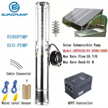 Погружной глубоководный насос EUROPUMP 25000 Л/С, 4000 л/ч, 91 м, без аккумулятора, на солнечной батарее, для сельскохозяйственной модели (4EPSC25/91-D380/)