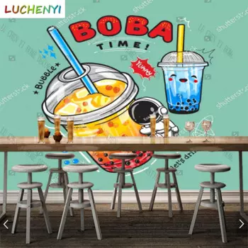 Пользовательские Мультяшные обои из пузырьков чая BOBA, Настенные обои для ресторана, холодного питья, магазина, столовой, настенные бумаги, домашний декор, наклейка