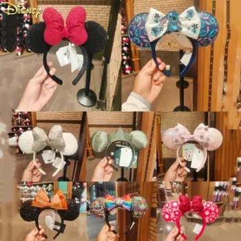 Популярные повязки на голову Disney Lilo & Stitch, металлический значок с вышивкой и бантом, Шанхайский Диснейленд, головной убор из искусственной кожи с Микки Маусом