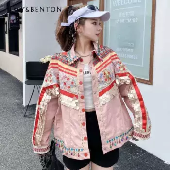 Популярный дизайн, тяжелая промышленность, этнический стиль, расшитая блестками джинсовая куртка, женская весенне-осенняя розовая свободная верхняя модная брендовая куртка из бисера