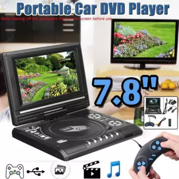 Портативный автомобильный DVD-плеер 7,8 дюйма, FM-радио, мультимедийный видео Универсальный VCD CD MP3 DVD-плеер, Поворотный ЖК-экран 16:9