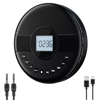 Портативный CD-плеер, Bluetooth CD-плеер с двойным динамиком, перезаряжаемый плеер с кабелем AUX для наушников для автомобиля