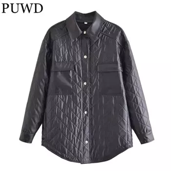 Повседневная Женская рубашка PUWD из искусственной кожи в клетку с бриллиантами, хлопковая куртка, Осень-зима 2021, однотонная парка с карманами, Свободная Женская шикарная верхняя одежда