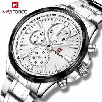 Повседневные модные мужские кварцевые часы NAVIFORCE с 24-часовым дисплеем, водонепроницаемые деловые серебряные мужские наручные часы из нержавеющей стали