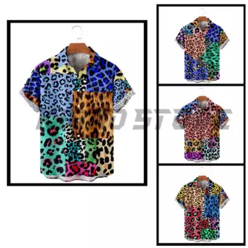 Повседневные рубашки на пуговицах для мужчин, сшитая леопардовая рубашка Harajuku с цветными блоками, отложная уличная уличная рубашка с коротким рукавом