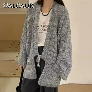 Повседневный Кардиган GALCAUR со шнуровкой, женский свитер, свободный трикотажный кардиган с расклешенными рукавами и карманами в стиле пэчворк, женская осенняя одежда, новый стиль 2024