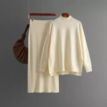 Повседневный Свободный вязаный комплект из 2 предметов, однотонный пуловер с длинным рукавом и ложным воротником и юбка, Женский комплект, зимние комплекты, новинка, модный свитер, костюм