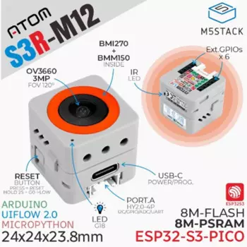 Программируемый контроллер широкоугольной камеры M5Stack AtomS3R M12 OV3660 ESP32S3