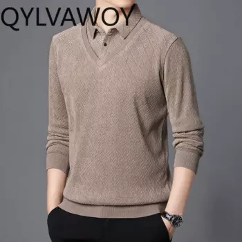 Пуловер QYLVAWOY, Мужская одежда, осенне-зимние топы, деловой Повседневный Топ, утепленные теплые пуловеры, вязаная одежда, искусственная двойка, 2024