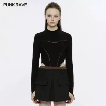 PUNK RAVE женское готическое повседневное боди с острыми рукавами, многосегментированное боди из искусственной кожи с украшением, сексуальные тонкие черные топы