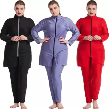 Размера плюс 3 шт., мусульманские женские купальники Burkini, однотонные купальники с длинным рукавом, хиджаб, топы, штаны, скромные купальники с полным покрытием, Новинка