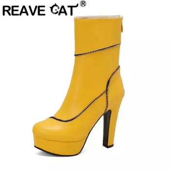 REAVE CAT 2024 Женские ботильоны с круглым носком на высоком каблуке 12 см на платформе 3,5 см с кристаллами Размер 48 49 50 Сексуальная встреча Bota