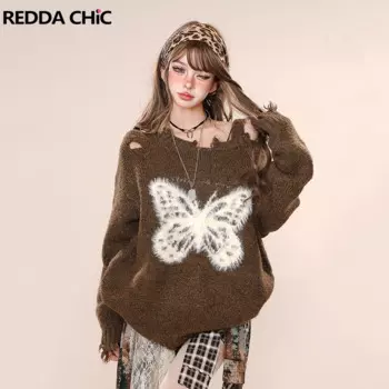ReddaChic асимметричный рваный свитер с открытыми плечами, женский рваный свитер с кисточками и длинными рукавами, нечеткий вязаный джемпер с бабочкой, топ, винтажная одежда