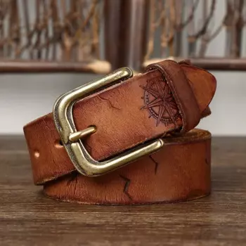 Ремень мужской из натуральной воловьей кожи, с медной пряжкой, 3,8 см