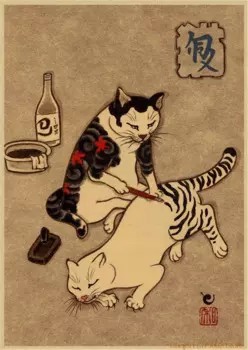 Ретро плакат Япония Самурай кошка