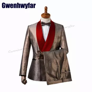 Роскошный блестящий мужской костюм Gwenhwyfar, вечерние платья для жениха на свадьбу, двубортный костюм, мужской костюм (пиджак + брюки)