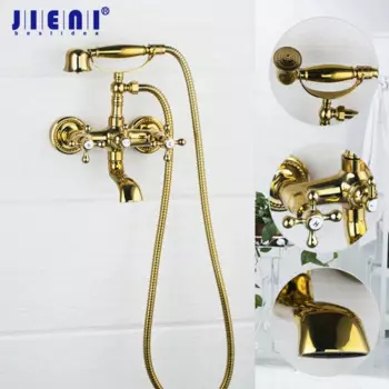 Роскошный настенный кран JIENI с двойными ручками, полированный Золотой душ, раковина для ванной комнаты, кран для ванны, смеситель для душа