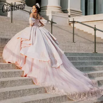 Розовое милое платье Quinceanera с бисером аппликации 3D Цветочная аппликация милое мексиканское платье 16