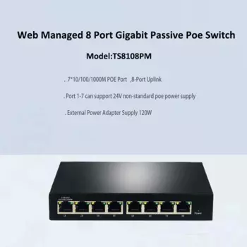 RT8382L, управляемый веб-сайт, 24 В, 8-портовый гигабитный коммутатор PoE, нестандартный внешний источник питания 120 Вт