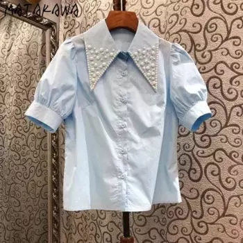 Рубашка Matakawa женская с пышными рукавами, однотонная элегантная винтажная блузка с бисером, модная простая блузка в Корейском стиле, весна-лето